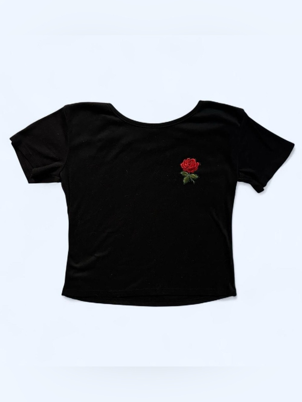 Shein Red Rose Cropped Baby Tee Black Size Small Short Sleeve Criss Cross Back